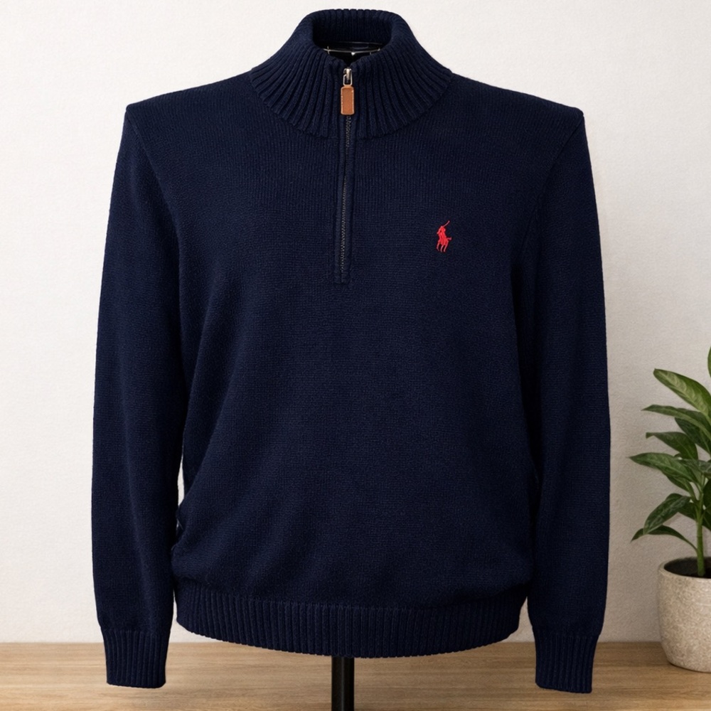Ralph Lauren Men's Navy Zip-Up Sweater with Red Logo